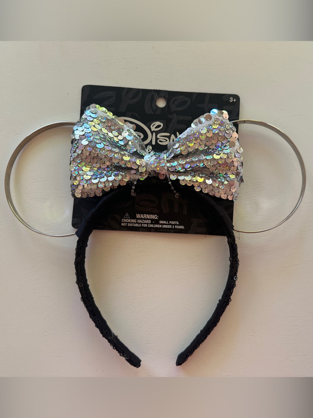 Disney Iridescent Sequin Bow Minnie Headband with Black Band